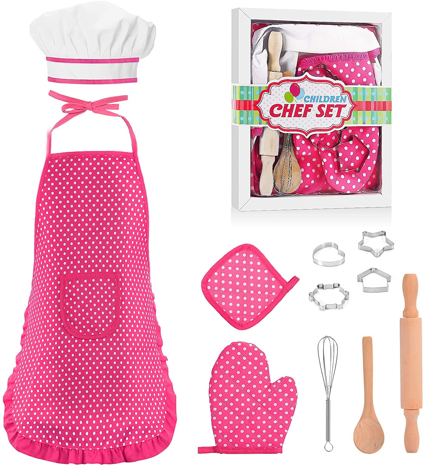 Chef Hat 4Pcs Kids Cooking and Baking Set Includes Apron for Little Girls Y2W8 