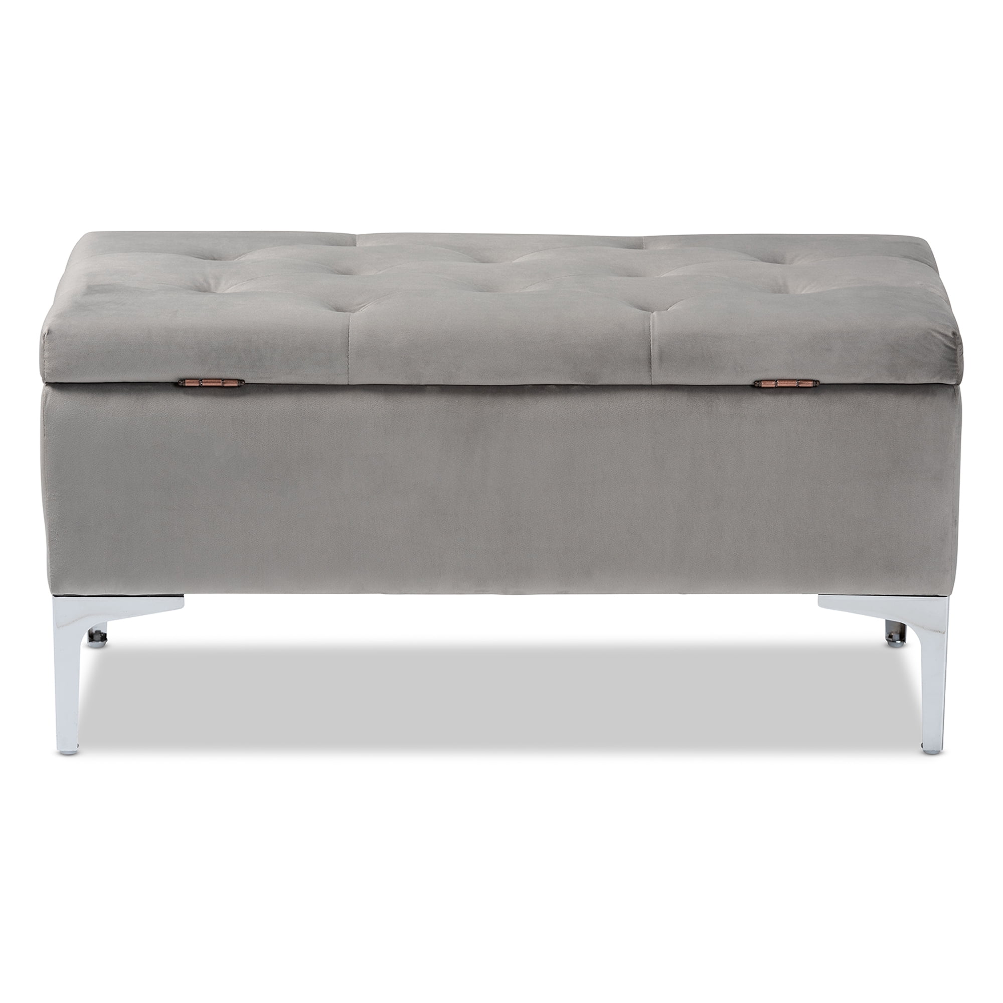 Baxton Studio Mabel Modern and Contemporary Transitional Grey Velvet Fabric Upholstered Silver Finished Storage Ottoman