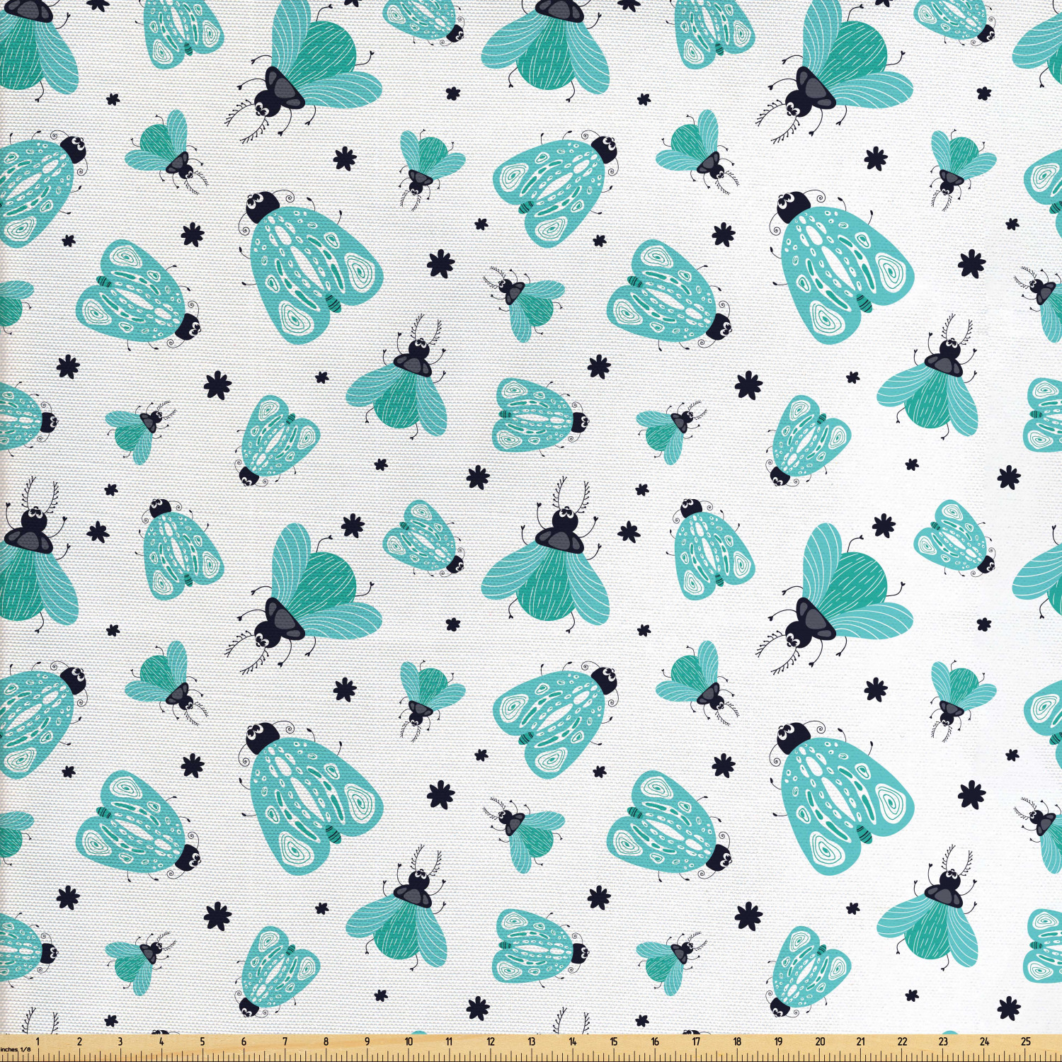 Insects Fabric by The Yard, Cartoonish Design Pattern with Flowers