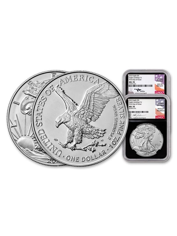 2pc. Set - 2021 American Silver Eagle Type 2 Scarce and Unique Coin Division NGC / PCGS MS70 FDI Black Core Holder Gaudioso/Mercanti Signed Label