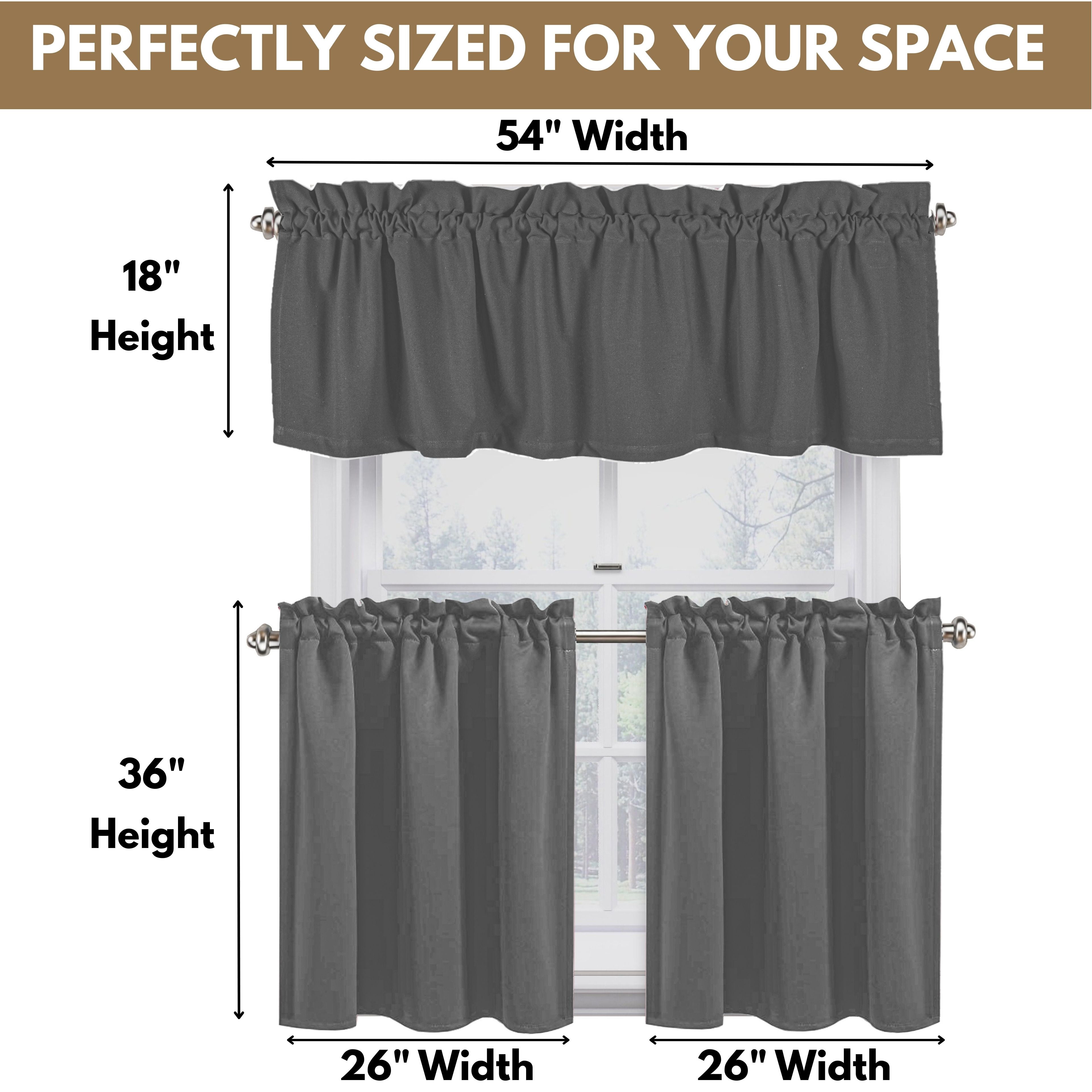 Native Fab Full Kitchen Window Curtain Tiers Valance Set 100% Cotton - Rod Pocket - 3 Piece - Grey