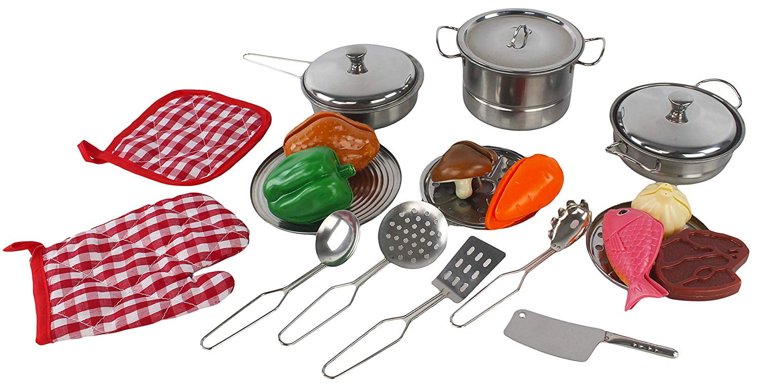 Stainless Metal Pots and Pans Toy Kitchen Cookware Playset for Kids with Cooking Utensils