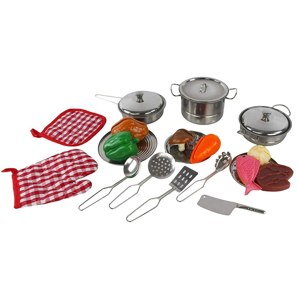 Stainless Metal Pots and Pans Toy Kitchen Cookware Playset for Kids