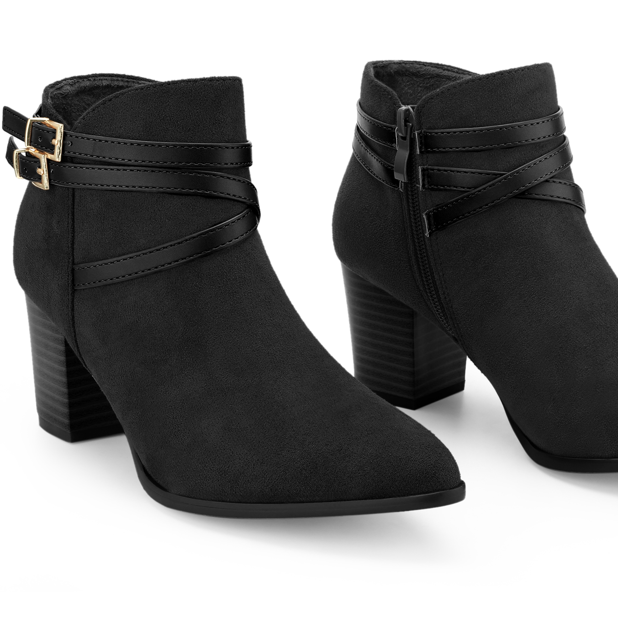 DARING DIVA Strappy Pointed Toe Buckle Chunky Heel Ankle Booties Black 9.5