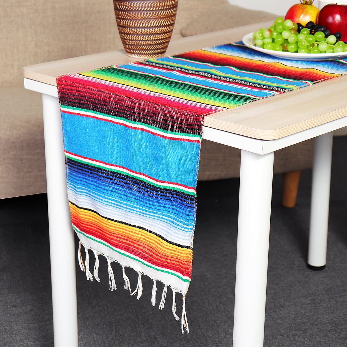 Reversible Mexican Table Runner Tablecloth with Tassels for Mexican