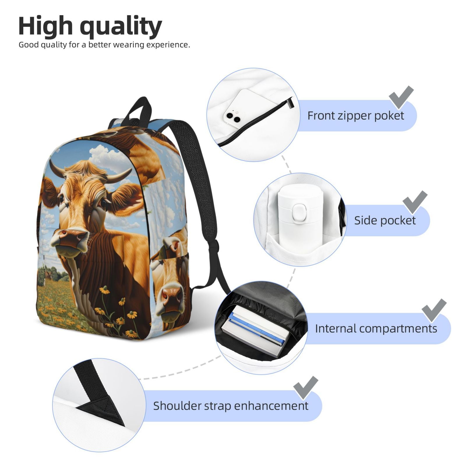 Picia Daisy Flower Field Cow Printed Canvas Daypack - Stylish and Durable Vintage Compact Backpack - Class, Work, Travel, or Laptop Bookbag,Organized Compartments-Medium