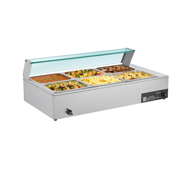 KFFKFF Commercial Electric Food Warmer, 1500W Stainless Steel Steam Table with Glass Lid, Includes 6 Half-Size Pans, Soup Ladle, and Perforated Spoon, Ideal for Catering, Restaurants, and Events