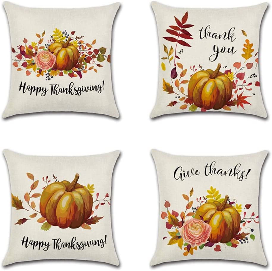 ZUEXT Happy Fall Autumn Pumpkin Throw Pillow Covers 20x20 Inch 2 Side Print Fall Harvest Home Decor Thanksgiving Gift Set of 4 Cotton Linen Square Cushion Pillowcases for Car Bed Couch 