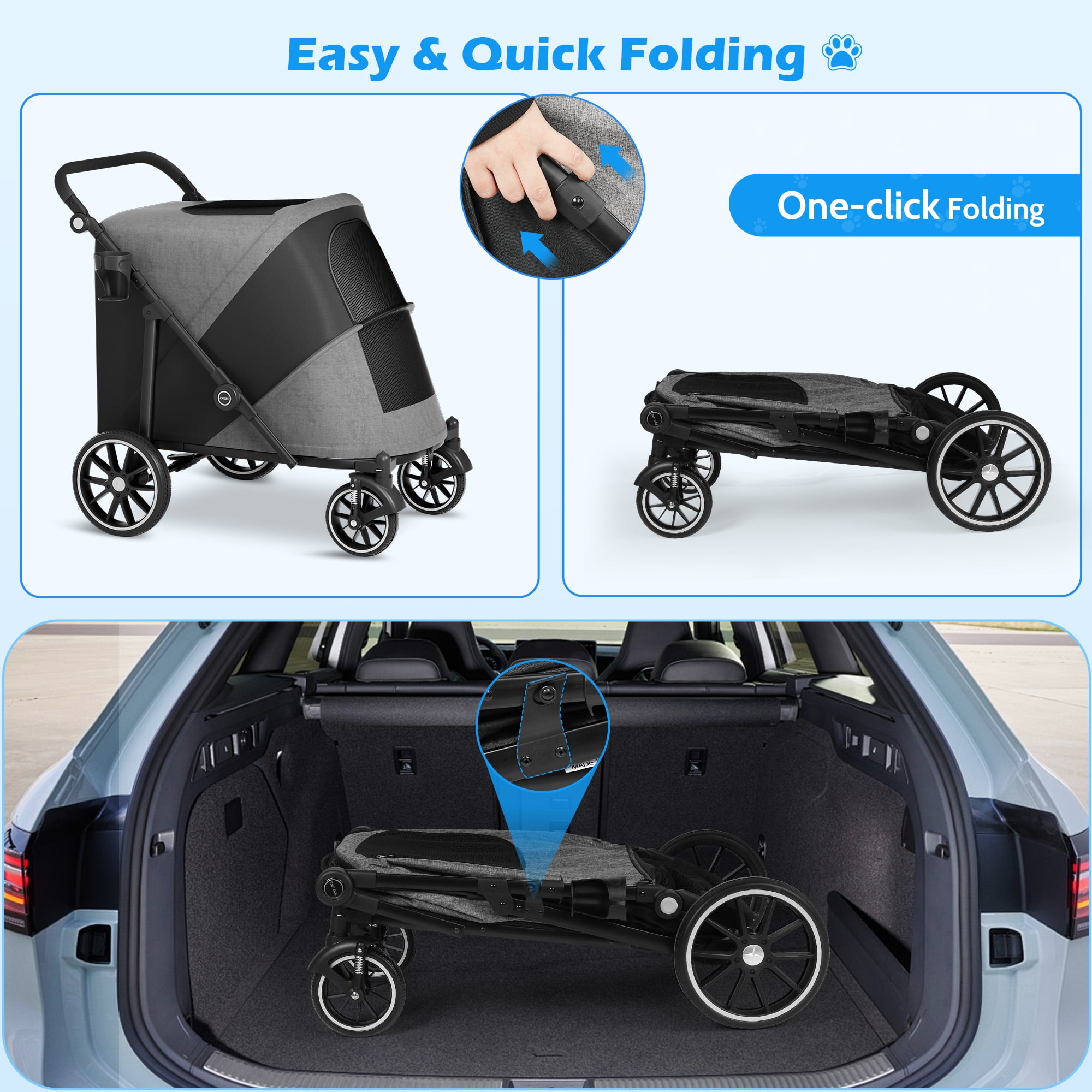 Zoolike XL Dog Stroller, Dual Access 4 Wheel Extra Large Pet Cage Foldable Travel Jogging Carriage Stroller for 2 Dogs,Max 200 Lbs