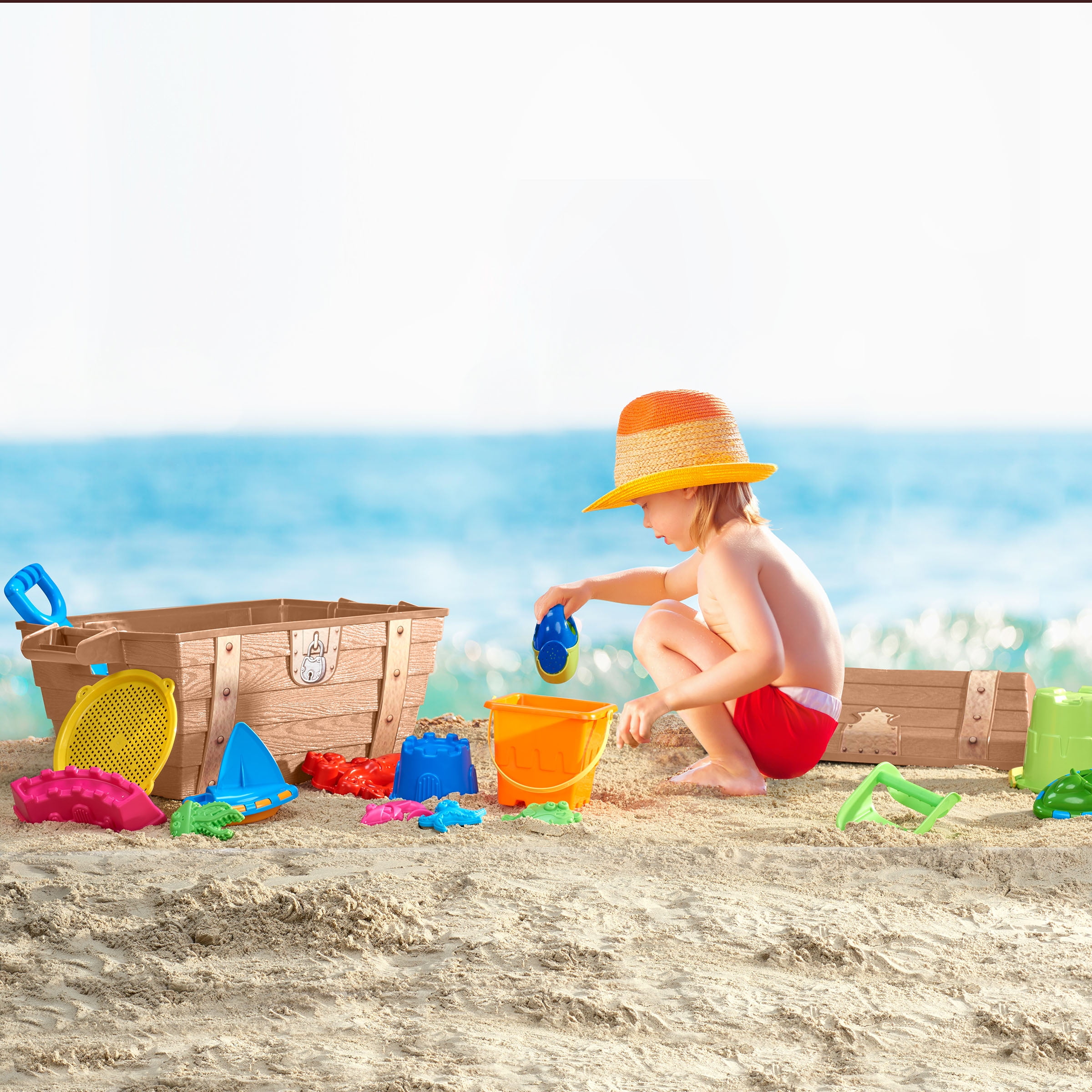 Play Day Treasure Chest with 20-Piece Sand Toys, Brown