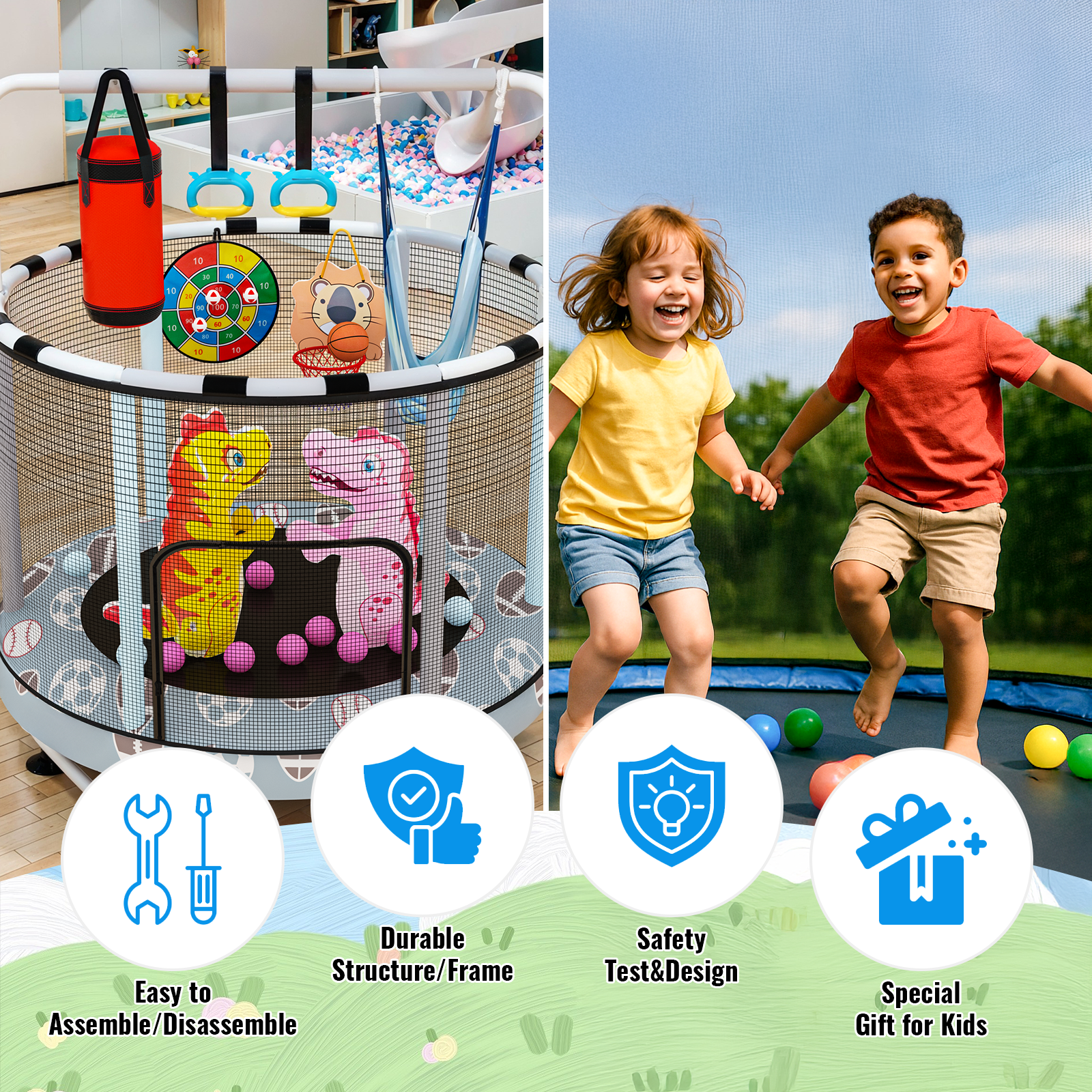 Mieres 55" 7-in-1 Upgraded Kids Trampoline with Swing & Basketball Hoop, Reinforced Safety Design with Adjustable Height & Net for Ages 3-8, 500lbs Capacity, In/Outdoor Play Center, Blue Football