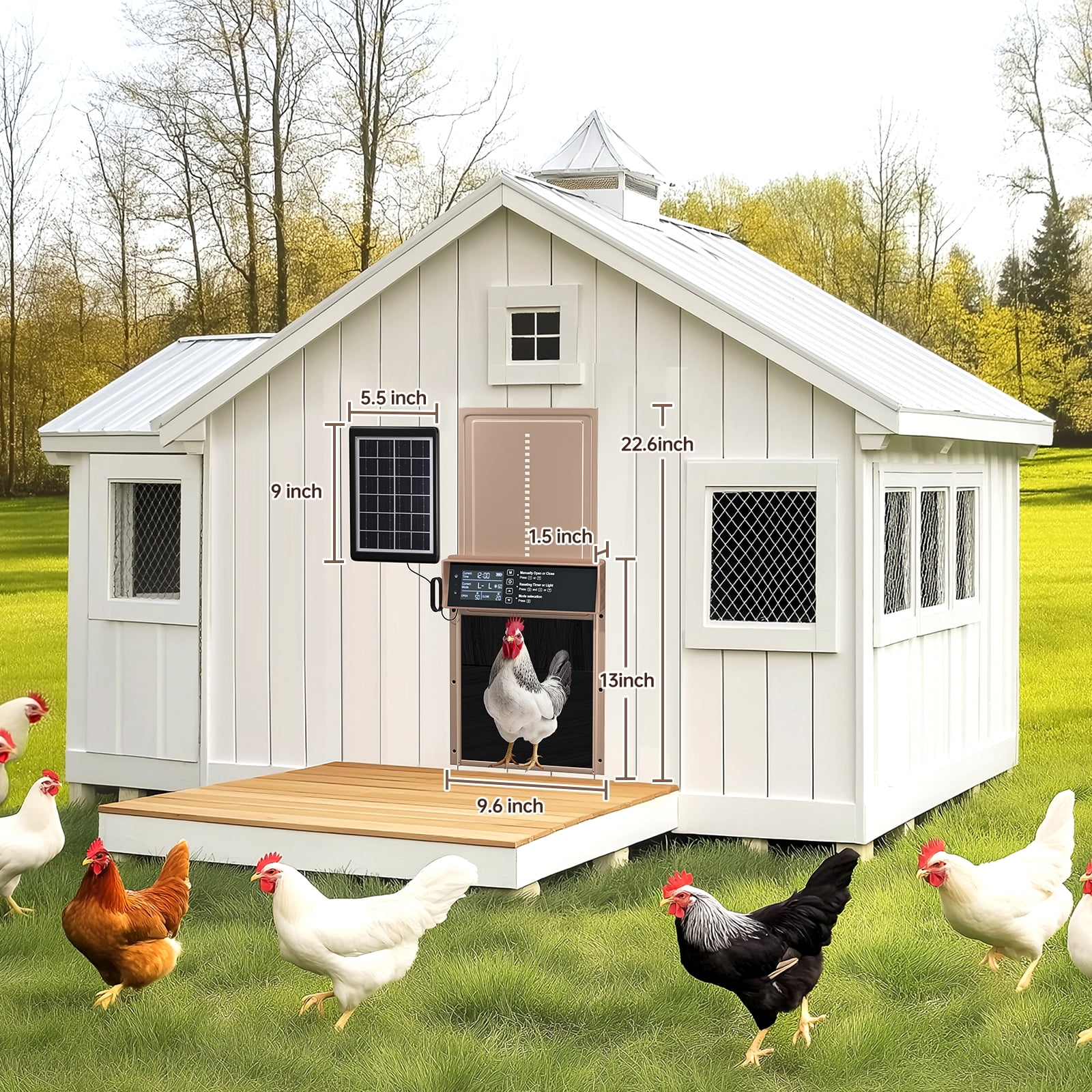 Automatic Chicken Coop Door Solar Powered Auto Chicken Door with Timer & Light Sensor, Anti-Pinch & Alert, LCD Screen, Remote Control Aluminum Waterproof,Gold