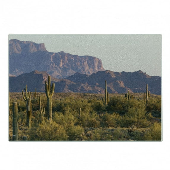 Saguaro Cutting Board, Arizona Desert Landscape with Cactus Mountain in Spring Evening Wilderness Picture, Decorative Tempered Glass Cutting and Serving Board, Small Size, Brown Green, by Ambesonne