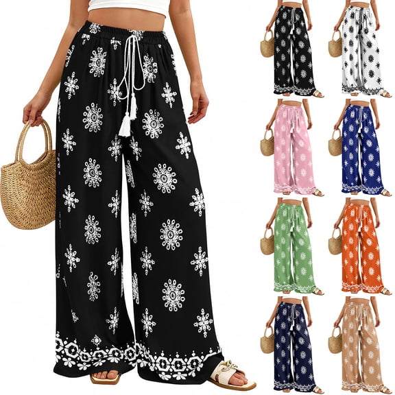 Women's Wide Leg Palazzo Pants 2026 Summer Boho Floral Trousers Drawstring Elastic Waist Wide Leg Pants with Pockets Spring Flowy Beach Vacation Clothes Resort Wear Lounge Pants Black L