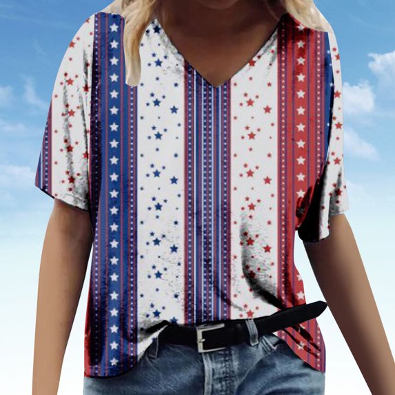 Lilgiuy Basic V Neck Tops for Women Middle Sleeve Casual Loose Blouse Print Summer T-Shirt