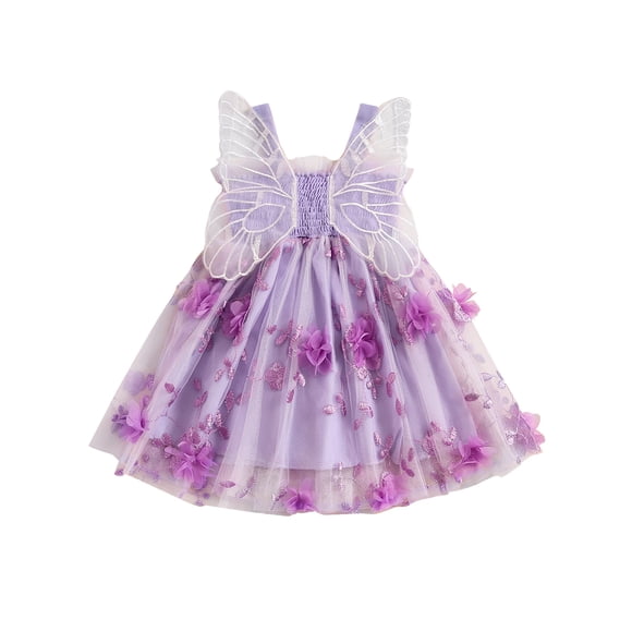 Nituyy Robe Sans Manches pour Bébé Fille Été Fleurs 3D Mignonne Robe Trapèze en Tulle avec Ailes de Papillon pour Fête à la Plage Vêtements Mignons
