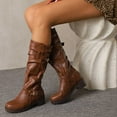 thumbnail image 3 of Slouchy Mid Calf Motorcyle Riding Boots For Women Slouch Leather Buckles Platform Chunky Tall Boots, 3 of 7