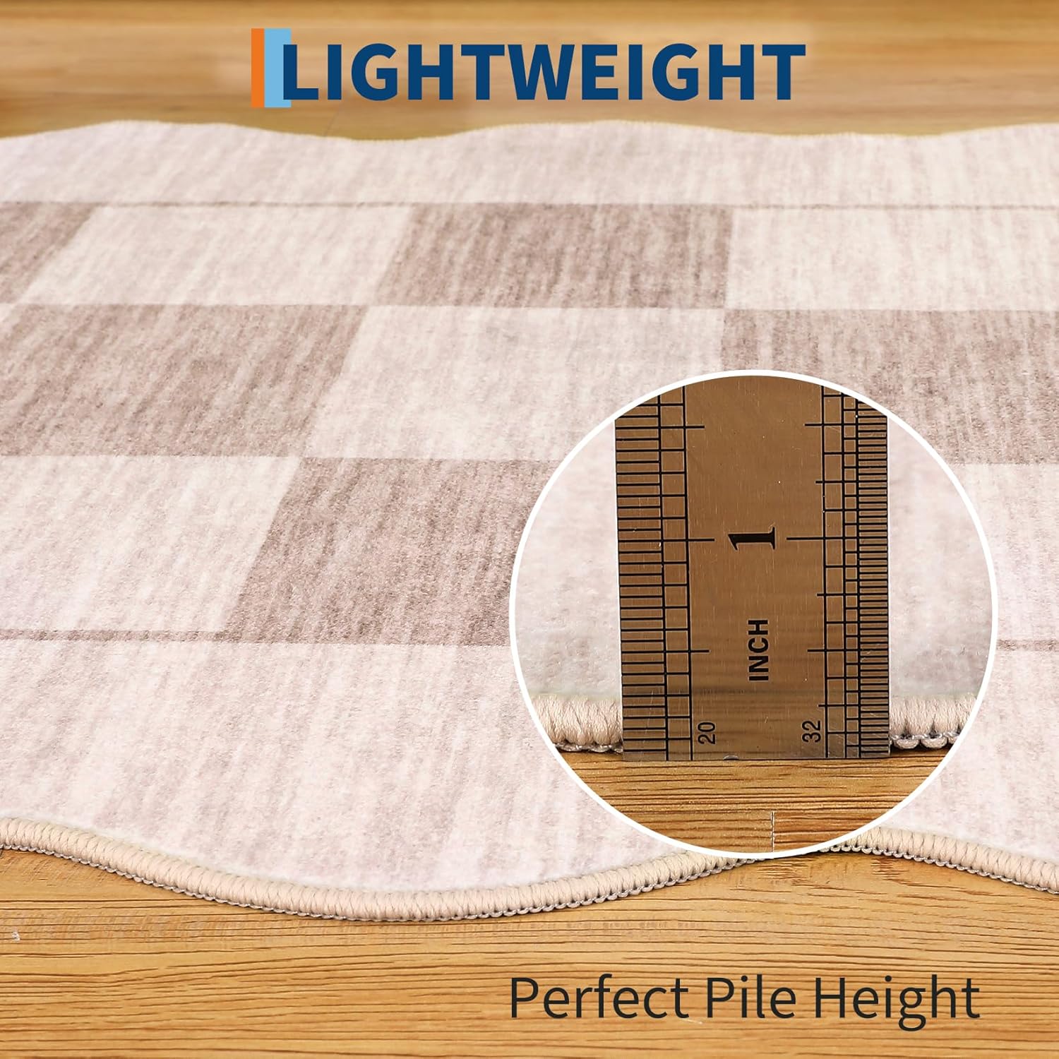 IdealHouse 8'x10' Washable Kitchen Rug, Non-Slip Low Pile Scalloped Checkerboard Farmhouse Entryway Mat, Soft Neutral Area Rug, Beige