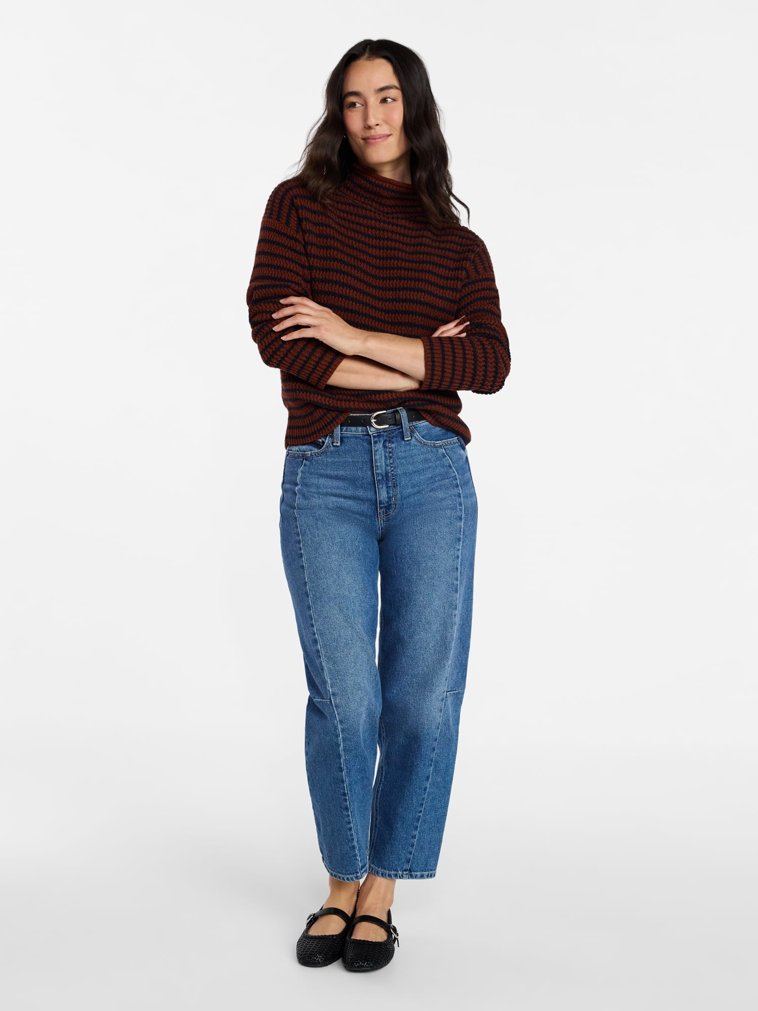 Time and Tru Women's Stripe Funnel Neck Sweater with Long Sleeves, Midweight, Sizes, XS-XXXL