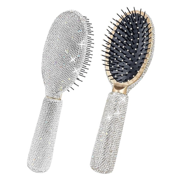 OPALESQUE Rhinestone Hair Brush,Sparkle Compact Comb, Bling Detangle Massage brushes with Air Cushion, for Women Wet Dry hair,for family friends gift （Silver）