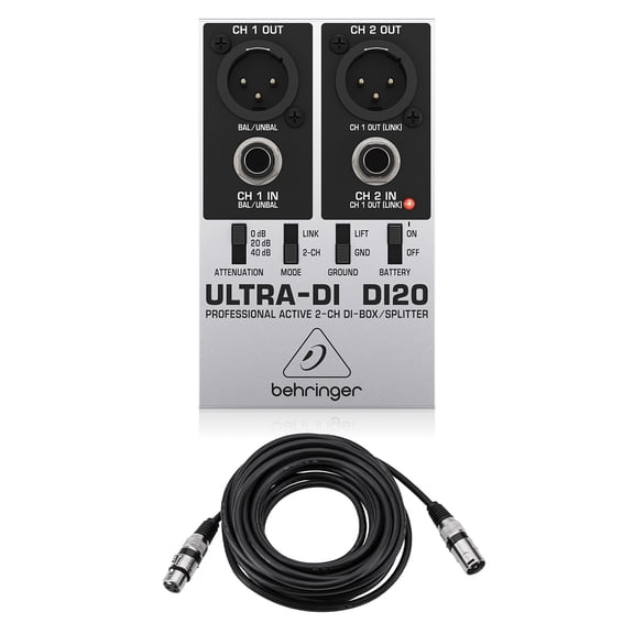 Behringer Ultra-DI DI20 Professional Active 2-Channel DI-Box/Splitter, Bundle with 25' XLR Microphone Cable