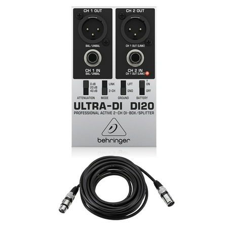 Behringer Ultra-DI DI20 Professional Active 2-Channel DI-Box/Splitter, Bundle with 25' XLR Microphone Cable