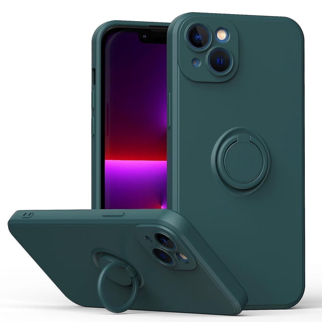 Funda de color sencillo para iPhone 14 Plus con soporte de anillo, placa metálica para carga magnética, diseño antigolpes y soporte giratorio de 360 grados.