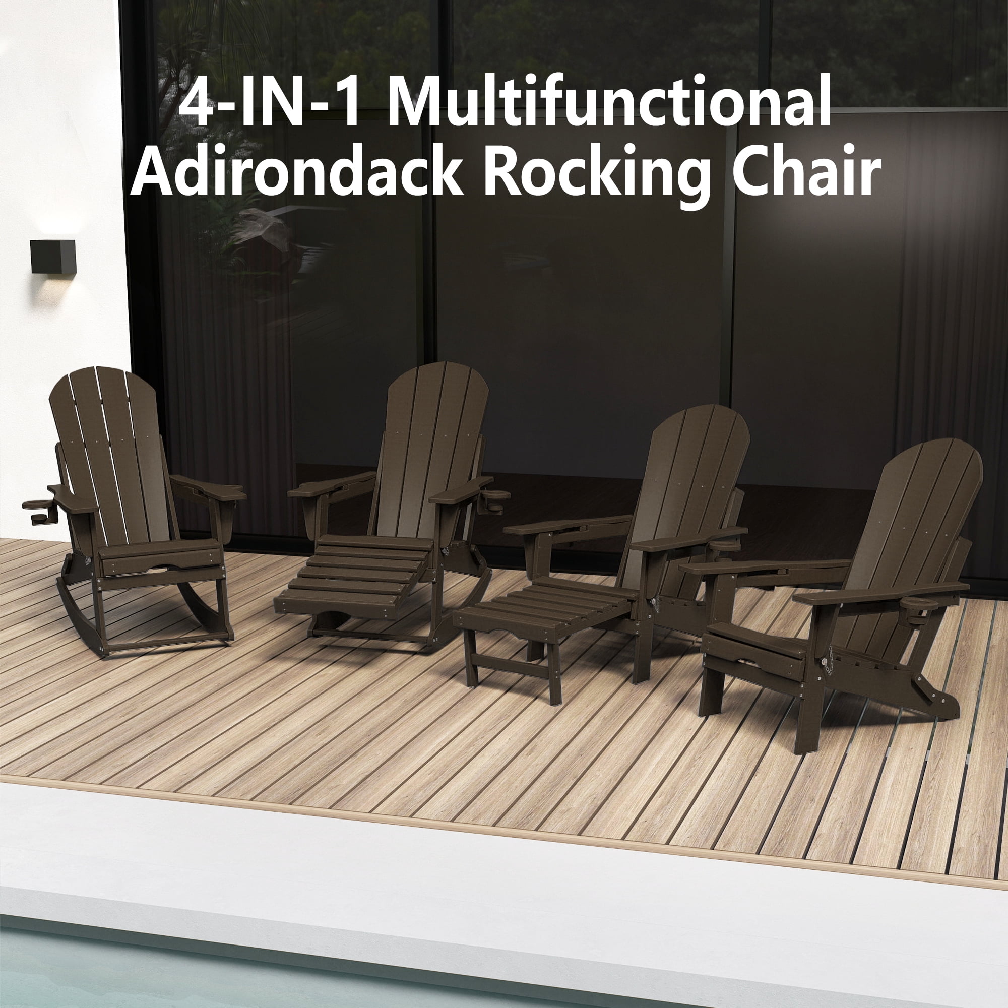 FOOWIN HDPE Plastic Rocking Adirondack Chair, Folding Rocking Chairs for Patio Porch Rocker Chair, Coffee
