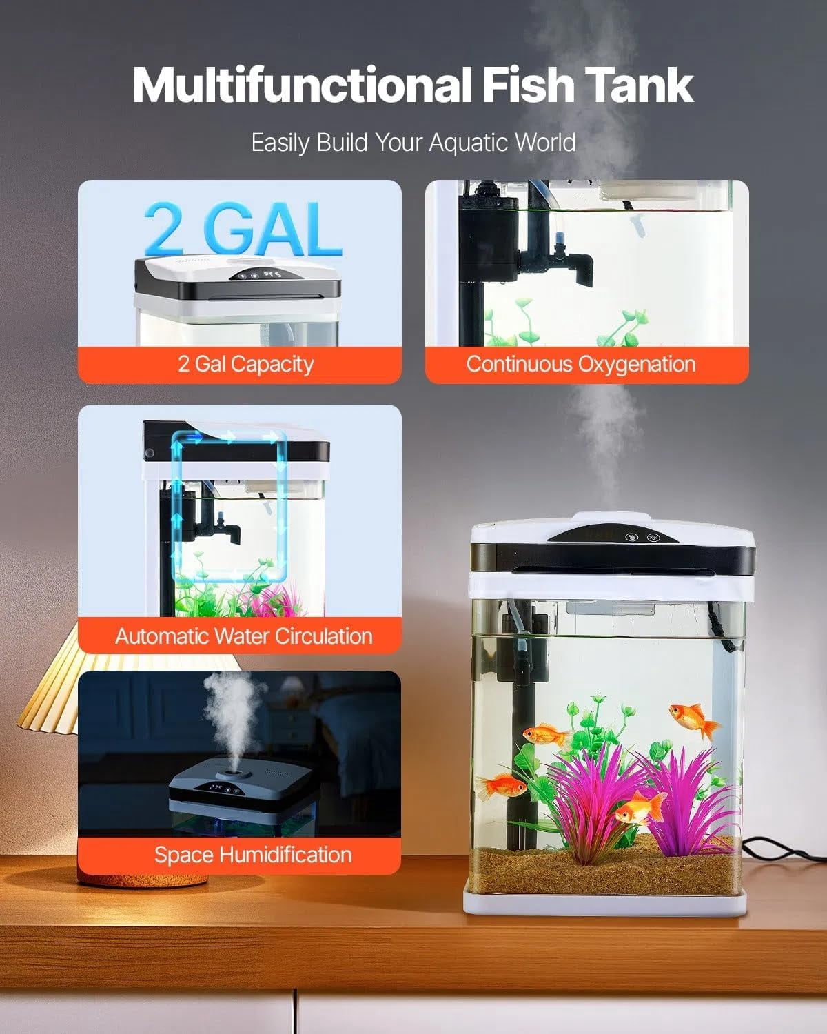 PUPIX 2 Gallon Fish Tank Aquarium Smart LED Glass Aquarium Self Cleaning Filtration Touch Control 7 Color Lighting Clear Glass