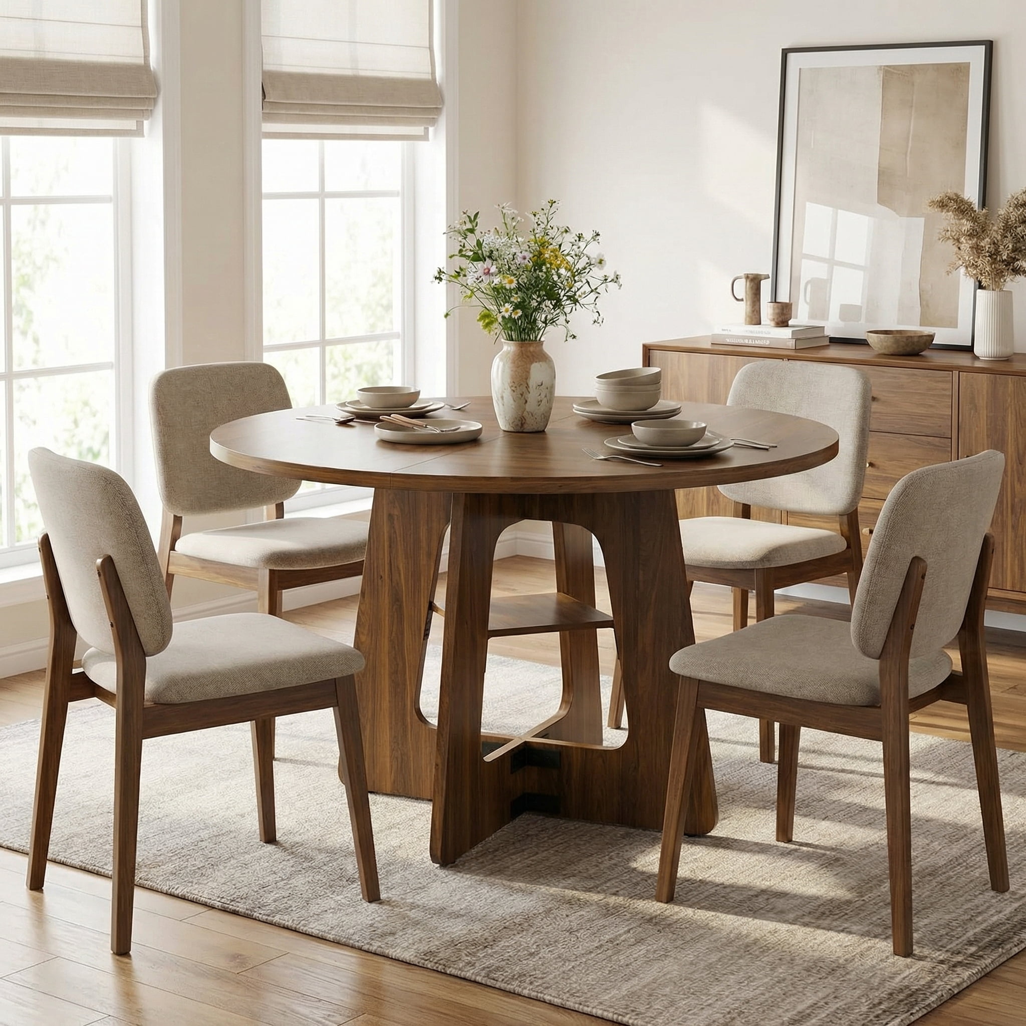 47" Round Dining Table for 4 to 6 Person, Farmhouse Kitchen Table with Under-Table Storage Shelf, Solid Wood Construction for Dining Room, Living Room, Brown