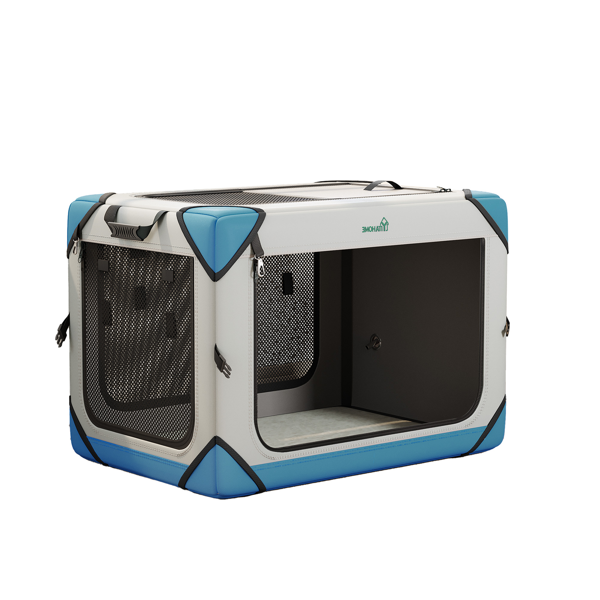 Dextrus Portable Dog Travel Crate, Large Collapsible Pet Carrier with 4 Doors and Sturdy Mesh Windows, Soft Dog Kennel for Indoor and Outdoor Use(20" L x 13" W x 15" H)