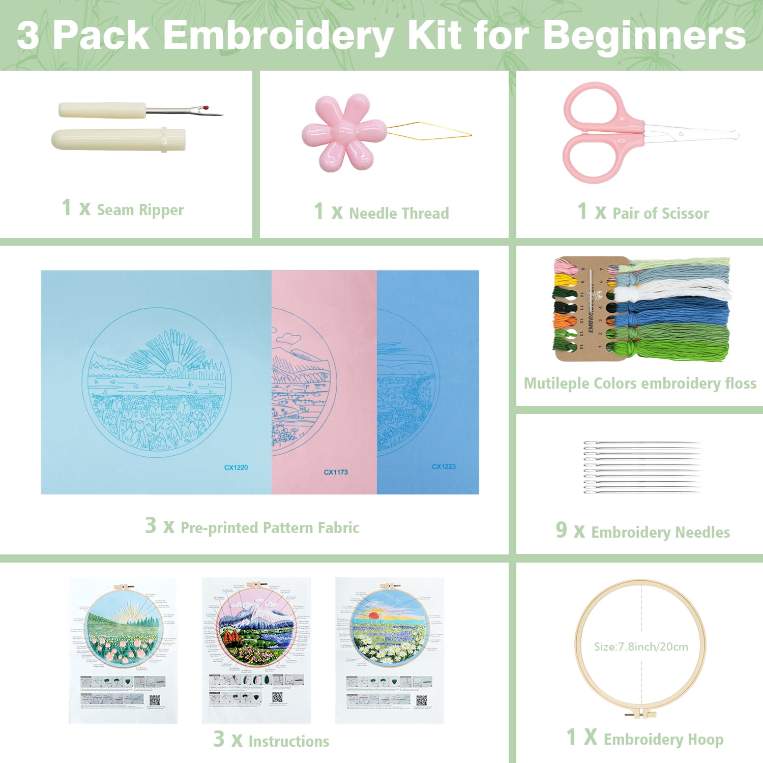 RidaaFri 3 Sets Floral Embroidery Kit Beginners, DIY Adults Craft Set, Step-by-Step Guide Video