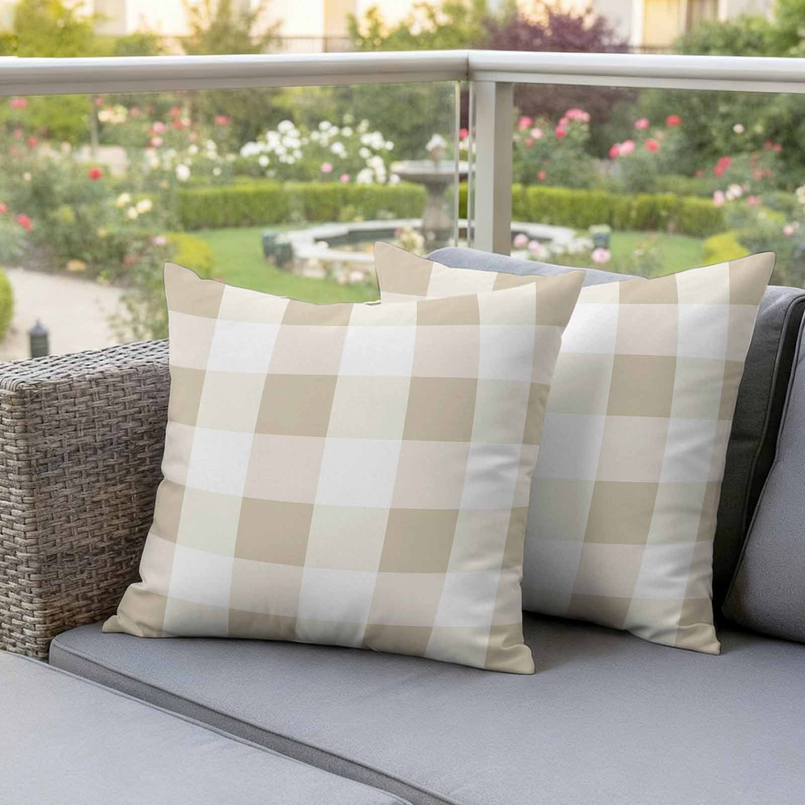 Pack of 2 Outdoor Pillow Covers,Waterproof Beige Plaid Throw Pillow Covers,Spring Summer Farmhouse Buffalo Checkered Decorative Pillowcases Cushion Covers for Couch Pillow Sham Protector 26x26 Inch