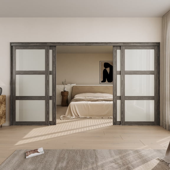 144" x 80" 3 Lite Tempered Frosted Glass Ancient Wood Color Closet & Pantry Sliding Doors Room Divider With Hardware Kit