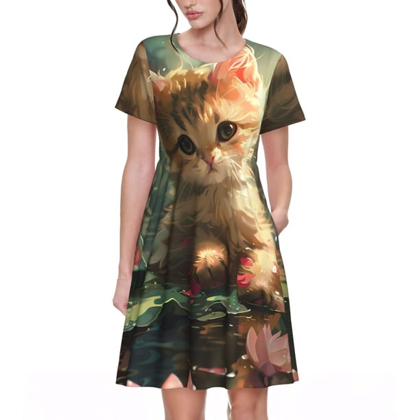 Balery Cute Kitten Water Lilies Vestidos sueltos de manga corta para mujer, vestidos de verano 2025, vestidos casuales de corte A con vuelo.