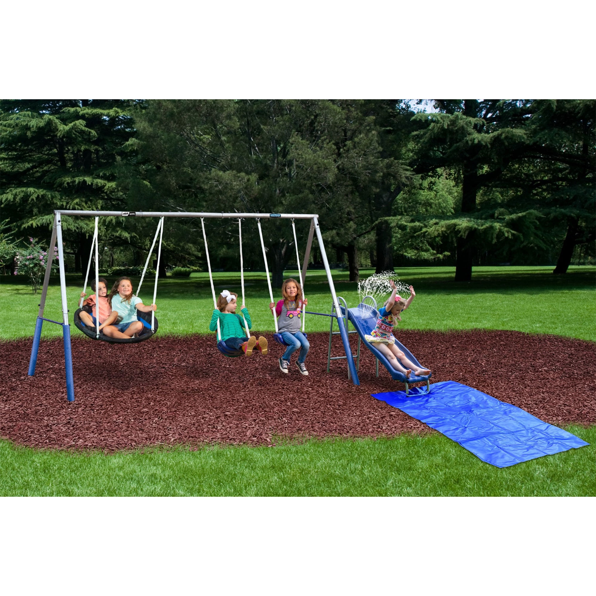 XDP Recreation Aqua Play Park Swing Set and Water Slide with Tarp, 2 Swings, and a Disc Swing