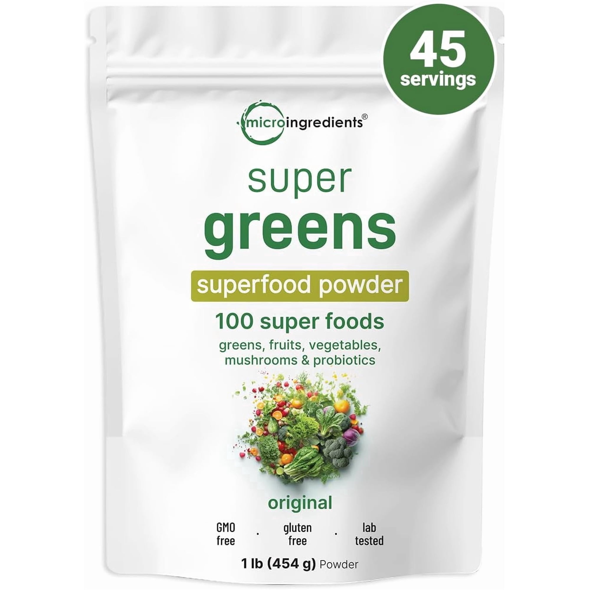 Micro Ingredients Super Greens Powder, Original Flavor | 100 Superfoods with Probiotics, Fruits, Vegetables & Mushrooms | Gut Health & Energy Support*, 45 Servings