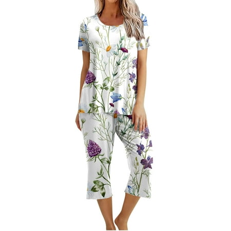 

YYDGH Women s Sleepwear Capri Pajama Sets Short Sleeve Two-Piece Pjs Crew Neck Lounge Sets Tops & Capri Pants with Pockets White-3 XL