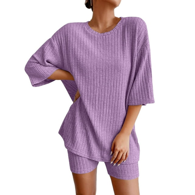 Ensemble Deux Pièces pour Femmes, Haut Col Rond Ample et Pantalon Assorti, Polyester, Respirant, Extensible, Tenue d'Été Décontractée