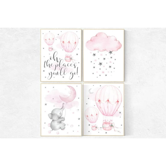 UNFFRAMED Luvia Set of 4 Pink and Gray Hot Air Balloon Elephant Nursery Wall Art Prints Baby Room Decor Oh the Places You’ll Go Set 4 Prints 8x12