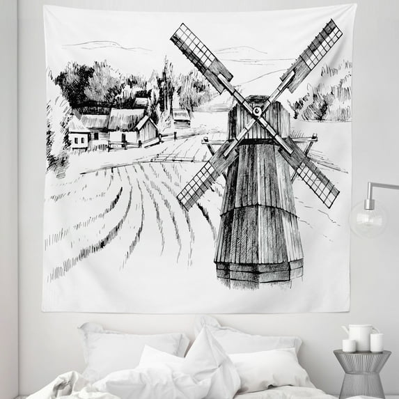 Landscape Tapestry, Hand Drawn Rural Scenery Small Town Farm Houses Forest and Mill Romantic Sketch, Fabric Wall Hanging Decor for Bedroom Living Room Dorm, 5 Sizes, Black White, by Ambesonne