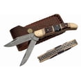 thumbnail image 7 of SANZ 2-Blade Knife – 5" Closed, Damascus Steel Blades, Stag Handle, Brass Bolsters, Leather Sheath, 7 of 7