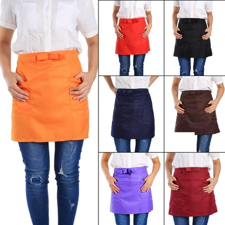 WALFRONT 7 Solid Colors Half-Length Polyerter Apron Unisex Bowknot type With Pockets For Waiter Waitress, Womens Aprons, Unisex Apron