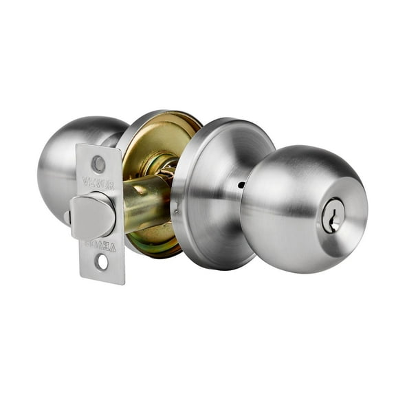 Round Privacy Door Knob - Satin Nickel Finish, Keyed Entry Bedroom & Bathroom Lock, Interior Door Handle with Matching Backplate (1-Pack)