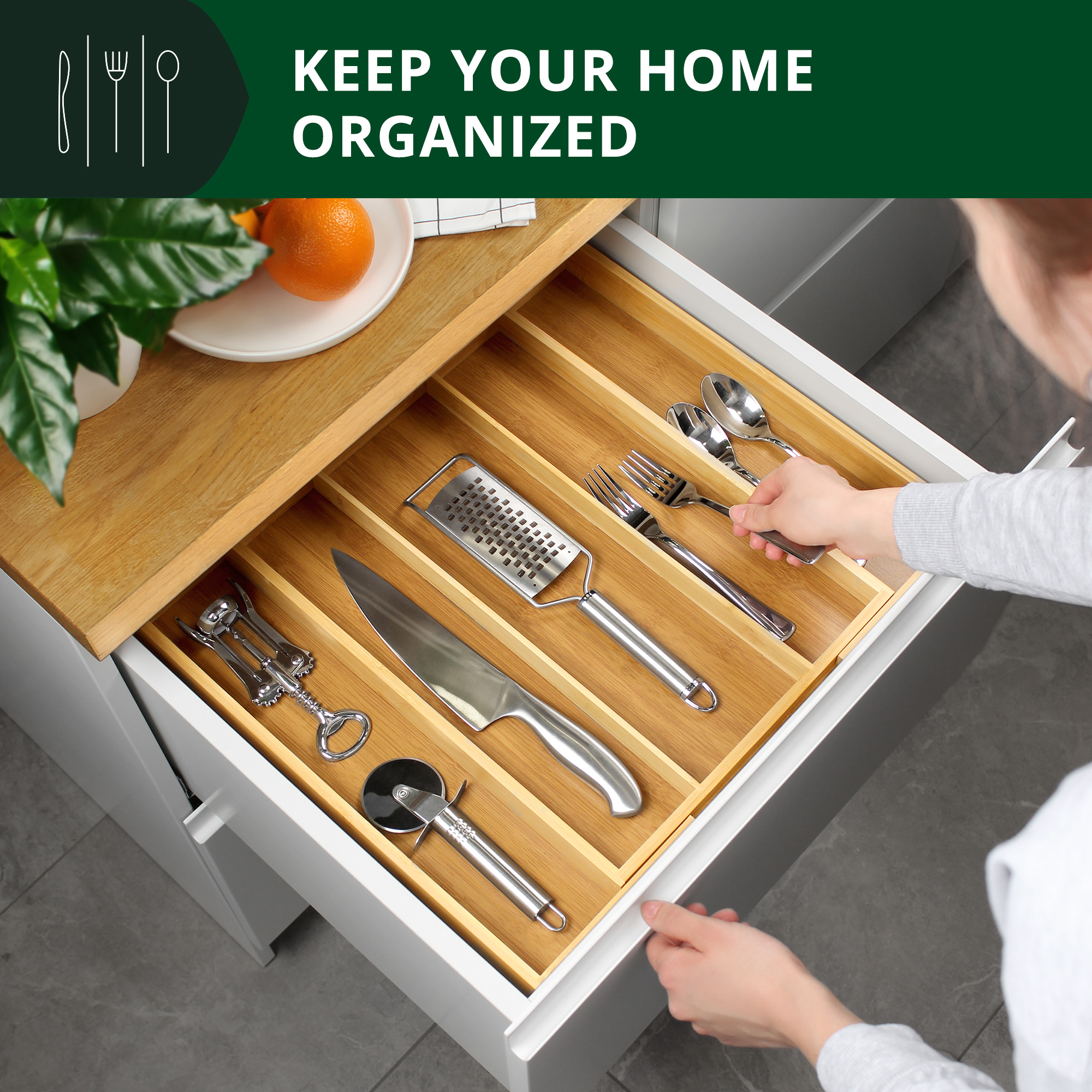 Bamboo Kitchen Drawer Organizer - Expandable Silverware Organizer/Utensil Holder and Cutlery Tray with Grooved Drawer Dividers for Flatware and Kitchen Utensils - image 5 of 9