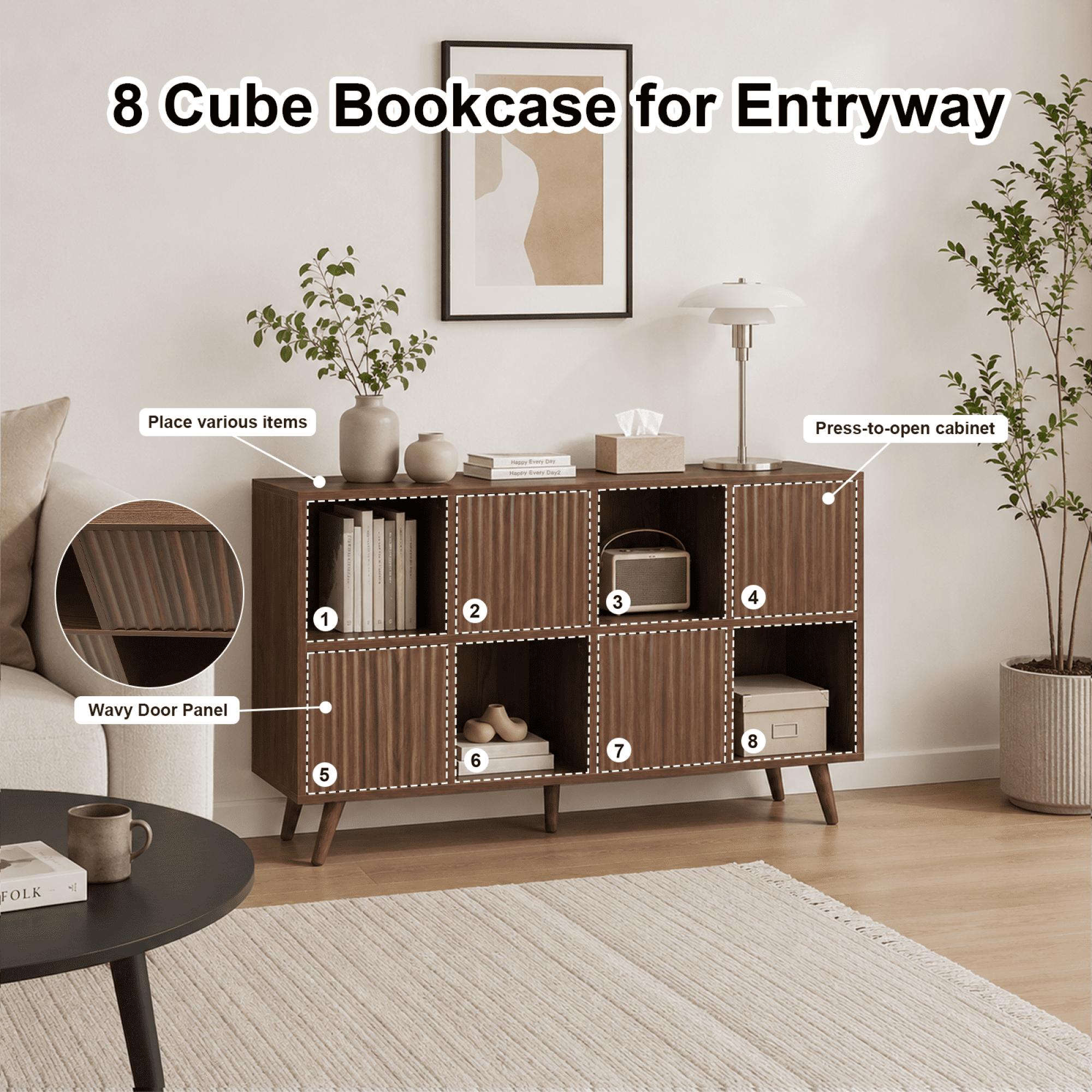 Leumius 8 Cube Bookcase Storage Cabinet with 4 Doors, Freestanding Cube Shelf Organizer for Living Room Bedroom Office Walnut