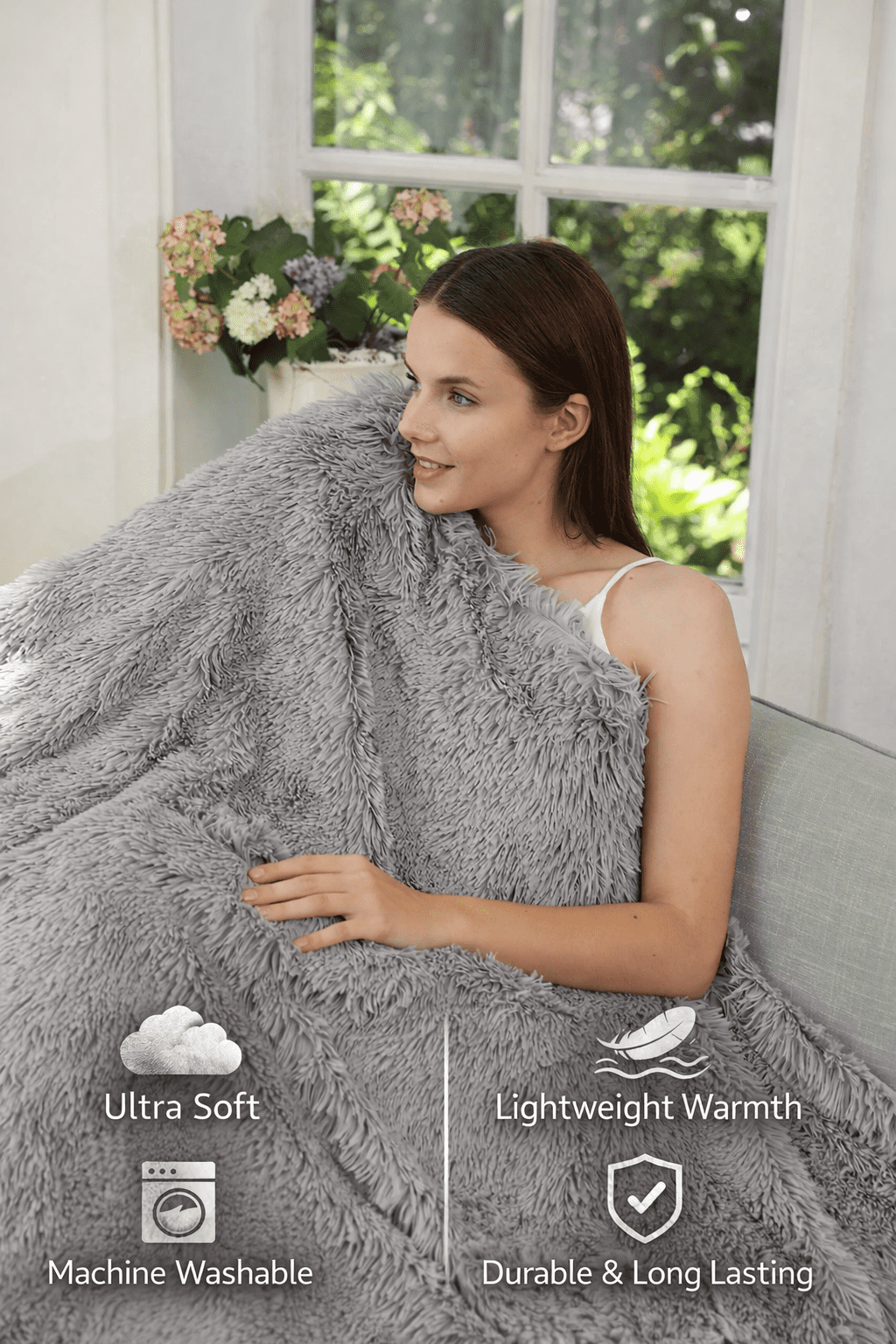 Reafort Luxury Long Hair Shaggy PV Fur Faux Fur Oversized Throw Blanket (Grey, 60"X70" Throw)