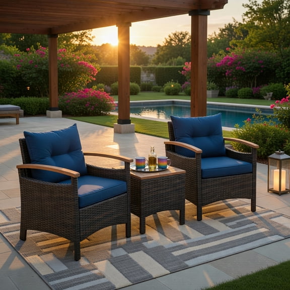 GVN Patio Furniture 5 Pieces Patio Rattan Furniture Set, Outdoor Wicker Rattan Chairs Garden Backyard Balcony Porch Poolside loveseat with Cushioned Sofa Armrest Wooden Tabletop-Off White