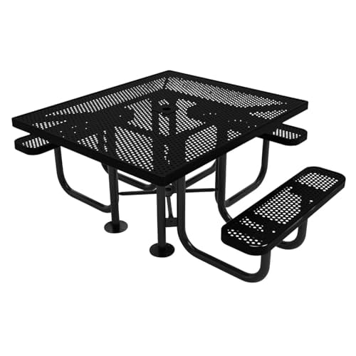 Coated Outdoor Furniture Heavy-Duty Portable ADA-Compliant Outdoor Picnic Table with Umbrella Hole, Punched Steel Patio Dining Furniture Made in America (46" Square Top, Textured Black)