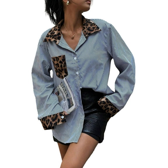 Women'S Striped Leopard Print Long Sleeve Blouses Cheetah Button Down Collared Shirts Blue S